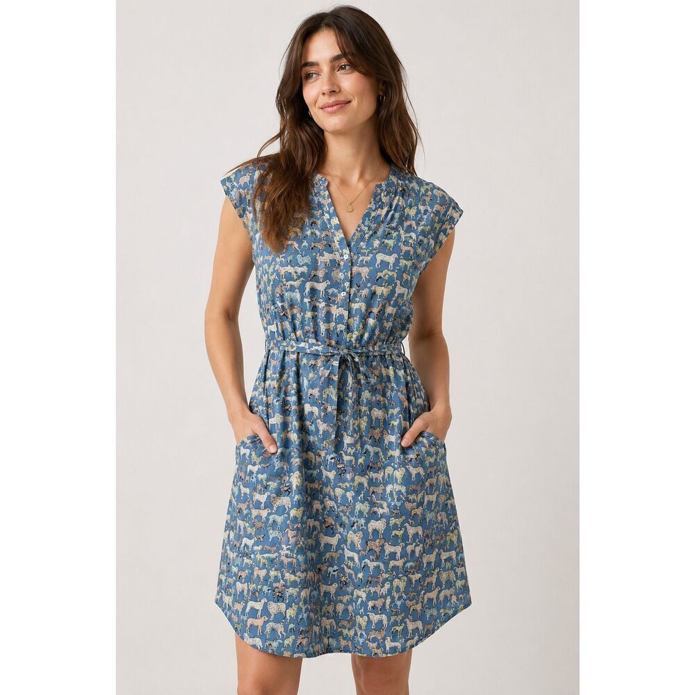 SM Wardrobe Dog Print Cotton Tie Waist Dress XL Blue Novelty Pockets